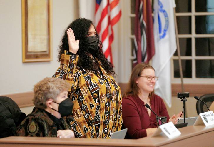 District 3 Councilor Heather Hala Lord is sworn in to the Amherst Town Council on Tuesday night at the Amherst Town Hall. 
