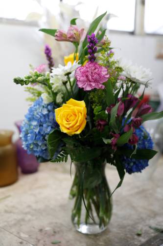 An arrangement made by Seth Carey of Carey’s Flowers last Thursday afternoon at the store in South Hadley.