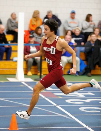 Amherst’s David Pinero-Jacome runs to a first place finish in the 600 meter race during the PVIAC indoor track meet Wednesday at Smith College in Northampton.