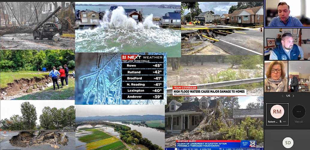 Christian Cunnie of the International Association of Emergency Managers (top right) displays images of Massachusetts natural disasters on the screen during a briefing on a proposed state disaster relief fund on Tuesday.