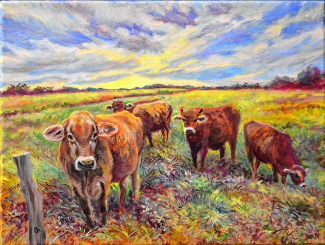 “Cows on Moody Bridge Road,” an oil on linen painting by Gillian Haven that’s part of a group exhibit at Hosmer Gallery at Forbes Library