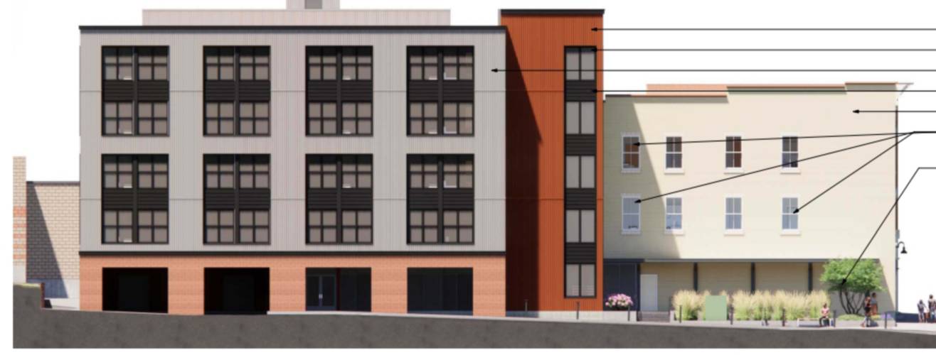 This rendering depicts the new five-story mixed-use building attached to the back of the former Hastings shop at 45 South Pleasant St.