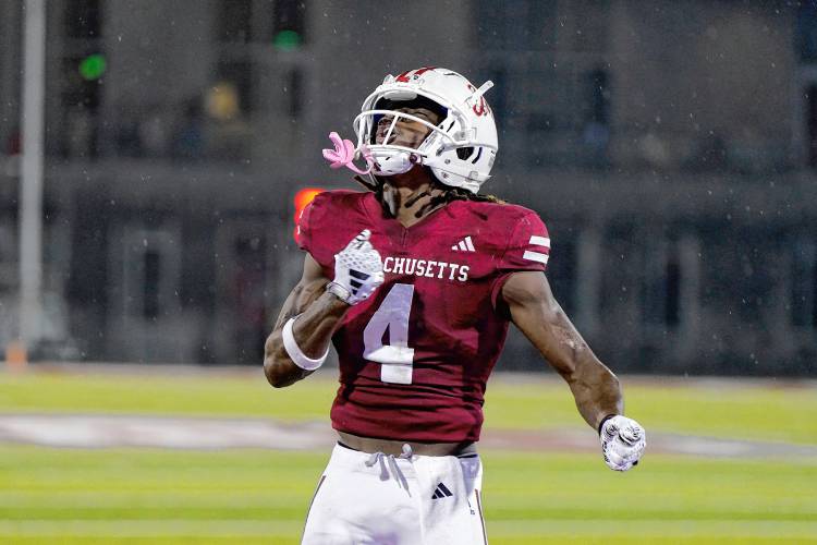 UMass receiver George Johnson III celebrates a play during the Minutemen’s loss to Miami (Ohio) last weekend.