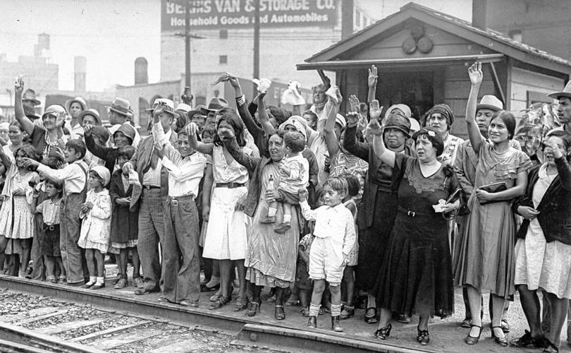 Family and friends wave goodbye to a train carrying 1,500 Mexican Americans and Mexican nationals being sent to Mexico from Los Angeles in 1931. Both the U.S. government and local governments in different parts of the country were involved in these repatriation efforts, ostensibly to prevent competition for whites for scare jobs during the Great Depression.