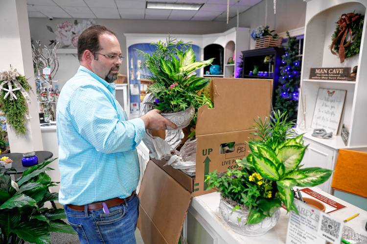 Seth Carey, fourth-generation owner of Carey’s Flowers, unpacks new arrivals of house plants for sale Thursday afternoon at the store in South Hadley.