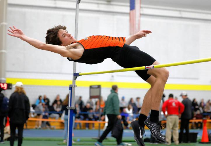 South Hadley’s Jameson Webber competes in the high jump during the PVIAC indoor track meet Wednesday at Smith College in Northampton.