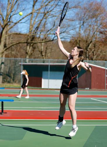 Belchertown’s Emalee Chaisson returns a shot while competing in the No. 1 doubles match with Mia Corish against South Hadley’s Madison Bruso and Grace O’Shea 