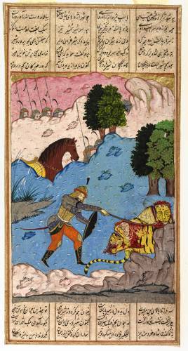 “Bahram Gur Slays Two Lions to Win the Throne of Iran,” late 18th or early 19th century by unknown Indian artist; opaque watercolor, ink, and gold on paper.