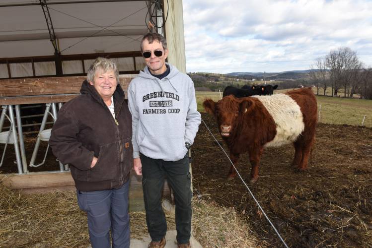 Carolyn and John Wheeler of Wheel-View Farm in Shelburne, seen in December 2022, have protected 100 acres of their land through the state’s Agricultural Preservation Restriction program and are looking to preserve more.