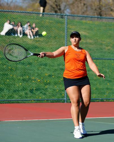 South Hadley’s Madison Bruso returns a shot while competing in the No. 1 doubles match with Grace O’Shea against Belchertown’s Emalee Chaisson and Mia Corish on Thursday at Mount Holyoke College.