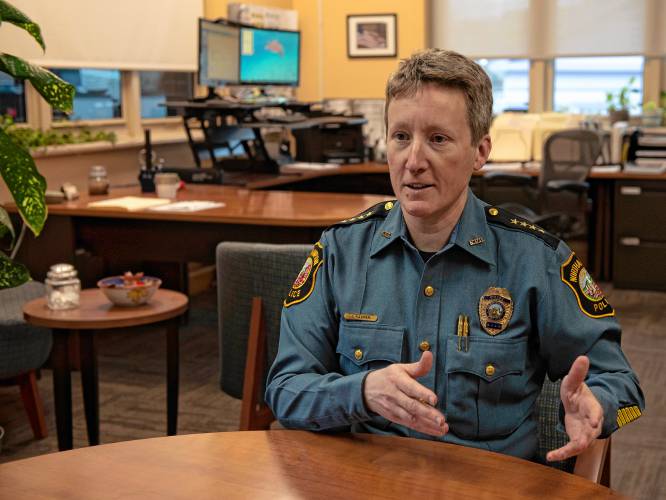 As she prepares to leave as Northampton’s police chief at the end of the year for a similar job in Nantucket, Jody Kasper, pictured in her Northampton office, reflects on her 25 years with the NPD, including the last eight-plus years as chief.   