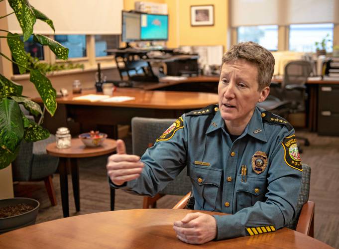 As she prepares to leave as Northampton’s police chief at the end of the year for a similar job in Nantucket, Jody Kasper, pictured in her Northampton office, reflects on her 25 years with the NPD, including the last eight-plus years as chief.   