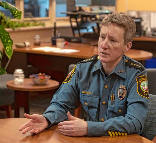 As she prepares to leave as Northampton’s police chief at the end of the year for a similar job in Nantucket, Jody Kasper — pictured in her Northampton office — reflects on her 25 years with the NPD, including the last eight-plus years as chief.   