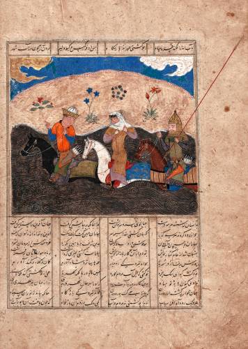 “Kay Khusraw, Farangis, and Giv Crossing the River Jihun,” illustration from a dispersed manuscript of the Shahnama (Book of Kings) by unknown Iranian artist, late 15th century; opaque watercolor, ink, and gold on paper. 