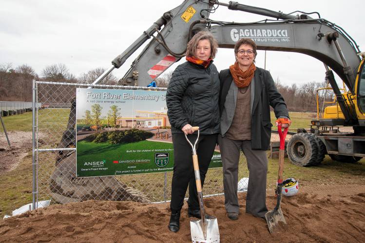 State Sen. Jo Comerford, left, and state Rep. Mindy Domb, at the Tuesday groundbreaking for construction of a new elementary school in Amherst.