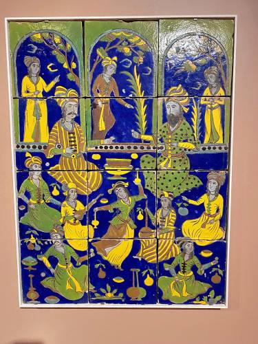 “Garden Party,” from a dispersed architectural tile panel from Iran, probably 17th or 18th century.