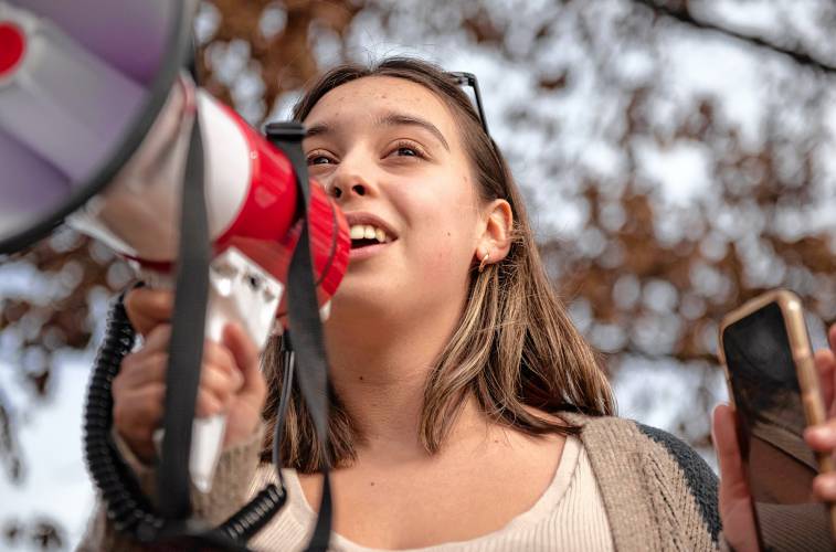 Isabelle Anderson, an Amherst College junior and member of Young Democratic Socialist of America, speaks at a recent rally on the Amherst Common in support of proposed legislation that would impose a 2.5% tax on Massachusetts private college endowments over $1 billion. 