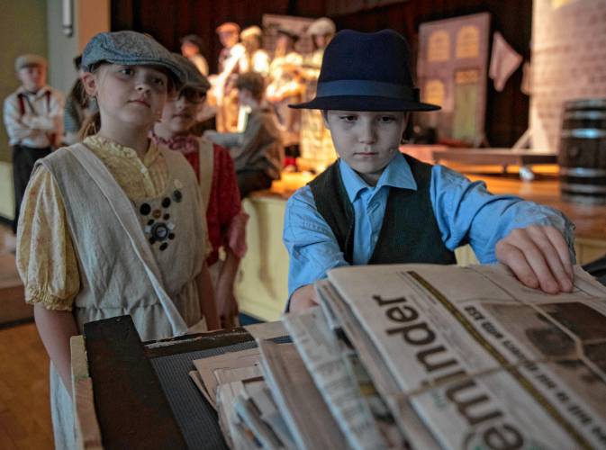 June Crawford and Elliot Scully-Henry, students at the Anne T. Dunphy Elementary School in Williamsburg, during a rehearsal for “Newsies Jr.”