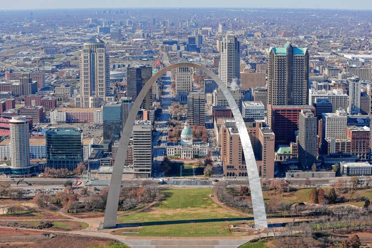 The Gateway Arch is seen with the downtown St. Louis skyline.