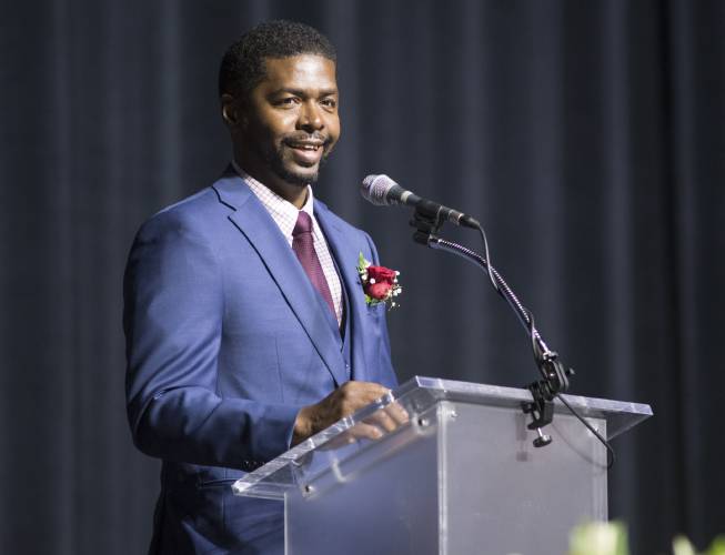 Amherst Regional High School Principal Talib Sadiq delivers the opening remarks for the school’s graduation held at the University of Massachusetts Mullins Center on Friday, June 10, 2022.