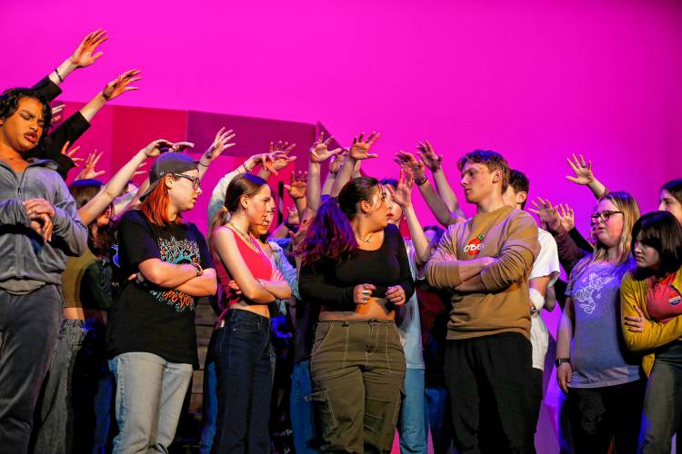 The cast of Northampton High School’s production of “Freaky Friday” rehearses at the high school auditorium.