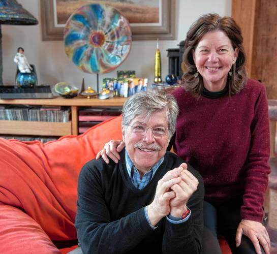 Josh Simpson and his wife, Cady Coleman, at their home in Shelburne Falls. Simpson became part of the 2024 Valley Voices Story Slam with a tale about the odd way in which he and Coleman met.