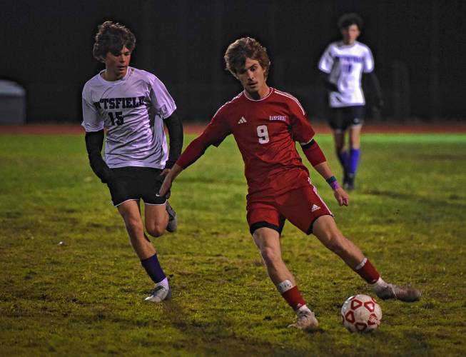 Hampshire’s Aidan Miklasiewicz (9) carries the ball while defended by Pittsfield’s Matt Burega (15) during the Raiders’ 5-1 win in the MIAA Division 4 Round of 16 Tuesday night at Dorunda Field in Westhampton.