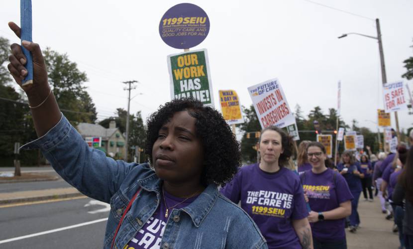 Dulceneia Moreno, a personal care attendant   at Cooley Dickinson Hospital, joined other union members during an October protest. The 1199SEIU United Healthcare Workers East union, which represents 600 CDH workers, ratified a new 26-month contract this month that comes with significant raises and other gains. 