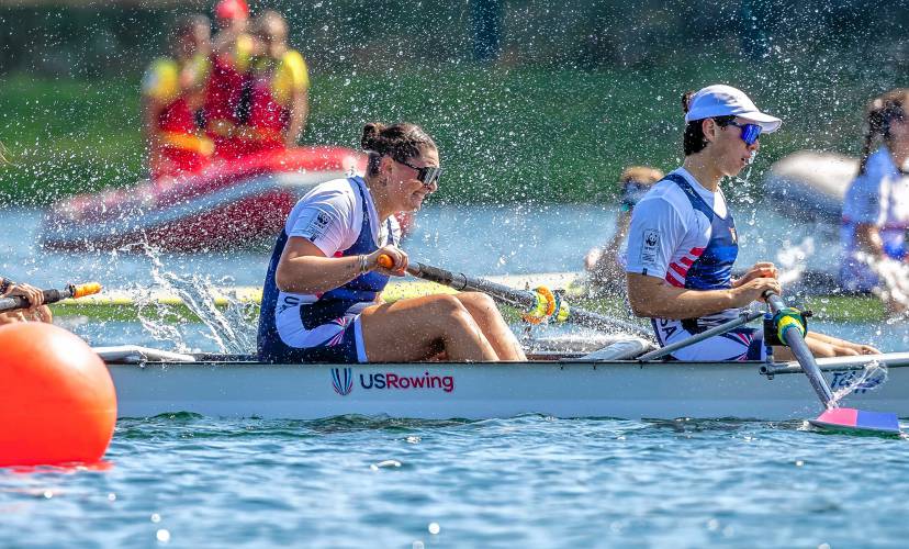Easthampton’s Saige Harper (left) celebrates with Team USA during the 2023 World Rowing Championships in Serbia last September. She will compete in the 2024 Paralympic Games in Paris this summer.