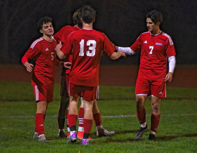 Hampshire players celebrate Vincent Zononi’s (5) first-half goal against Pittsfield during the Raiders’ 5-1 win in the MIAA Division 4 Round of 16 Tuesday night at Dorunda Field in Westhampton.
