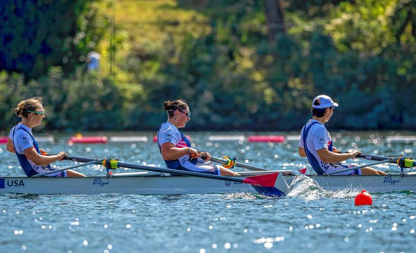Easthampton’s Saige Harper (center) competes with her Team USA teammates during the 2023 World Rowing Championships in Serbia last September. She will compete in the 2024 Paralympic Games in Paris this summer.