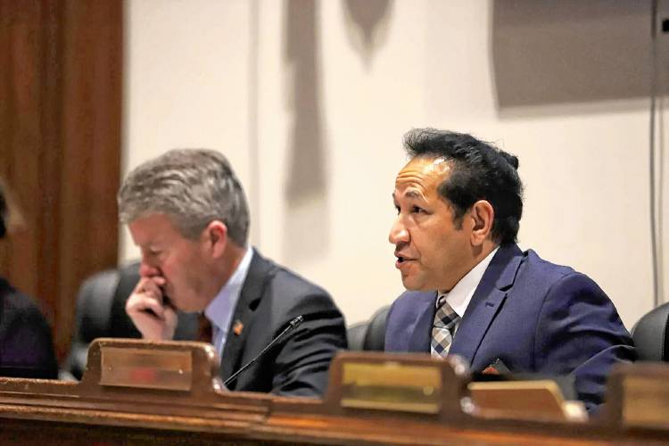 Co-chairs of the Joint Committee on Public Safety and Homeland Security, Sen. Walter Timilty and Rep. Carlos González, listen to testimony at a hearing on school safety on Monday.