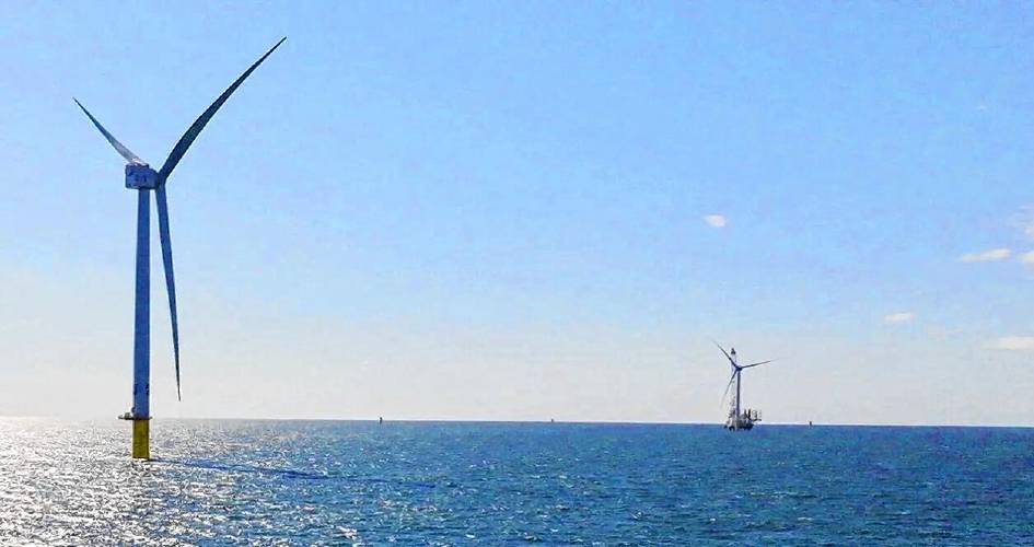 Wind turbines with the Vineyard Wind project stand in waters south of Martha's Vineyard.