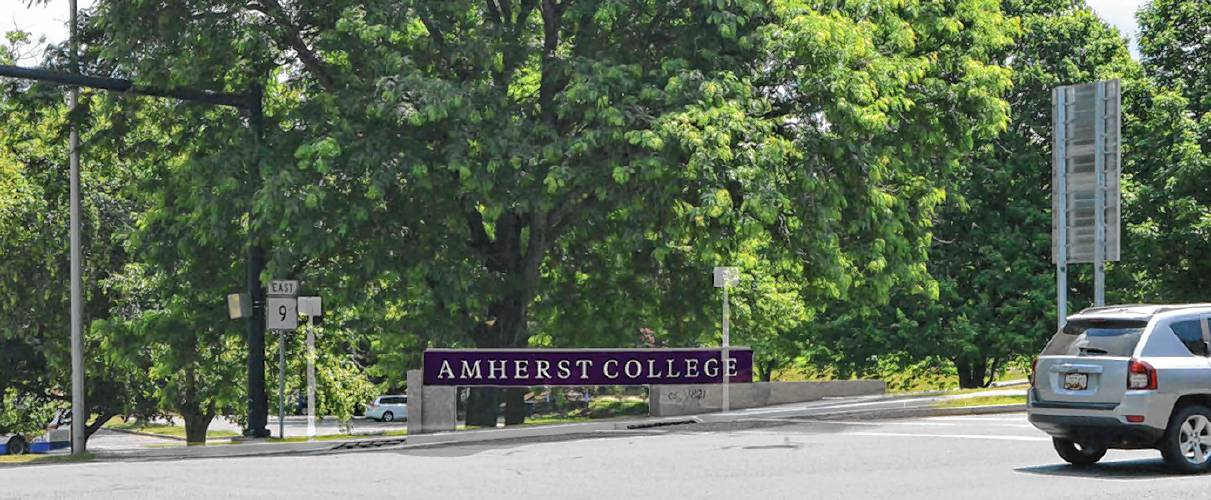 Artist’s conception of proposed placemarking or gateway sign for Amherst College, at the intersection of College and South Pleasant streets.