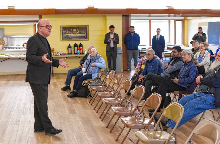 Congressman Jim McGovern talks with those gathered at the South County Senior Center in South Deerfield on Wednesday.