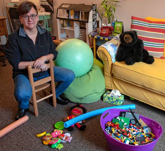 Alice Barber, a licensed mental health counselor, in her office in Easthampton, where she works with children. 