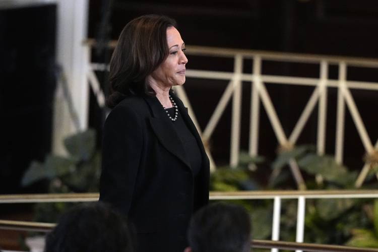 Vice President Kamala Harris arrives before a tribute service for former first lady Rosalynn Carter at Glenn Memorial Church at Emory University on Tuesday, Nov. 28, 2023, in Atlanta. (AP Photo/Brynn Anderson, Pool)