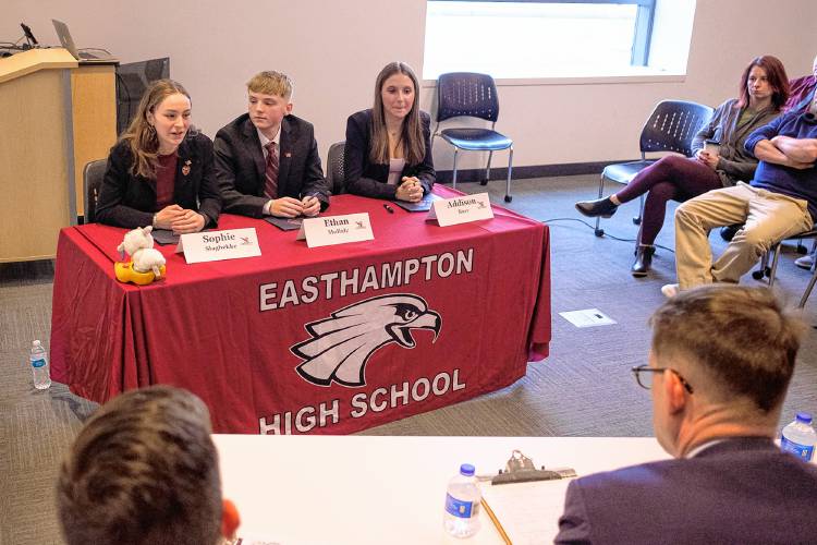 Easthampton High School’s We the People class won their seventh straight “We the People: The Citizen and the Constitution” competition in late January. From left, team members Sophie Slaghekke, Ethan Mullaly and Addison Barr answer questions from judges.