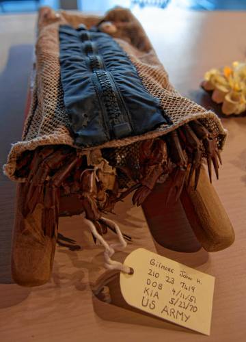 An assemblage titled “Body Bag,” by Vietnam veteran Steve Maxner, is part of “A Stone's Throw,” a multi-tiered, month-long visual art and performance festival in Northampton that’s designed to tell the stories of veterans and their families.