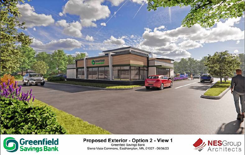 The Sierra Vista Commons development off Route 10 in Easthampton, which won approval from the Planning Board Tuesday night, will include a Greenfield Savings Bank. 