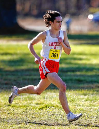 Hampshire Regional’s Nick Brisson runs down the final stretch to a 15th place finish with a time of 17:55.77 during the MIAA Division 3 state qualifier at Northfield Mountain on Saturday. 