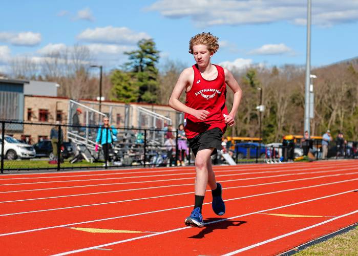 Easthampton’s Josh DeSimone runs to a second place finish in the 2-mile Tuesday during their meet against Belchertown at Mountain View School in Easthampton.