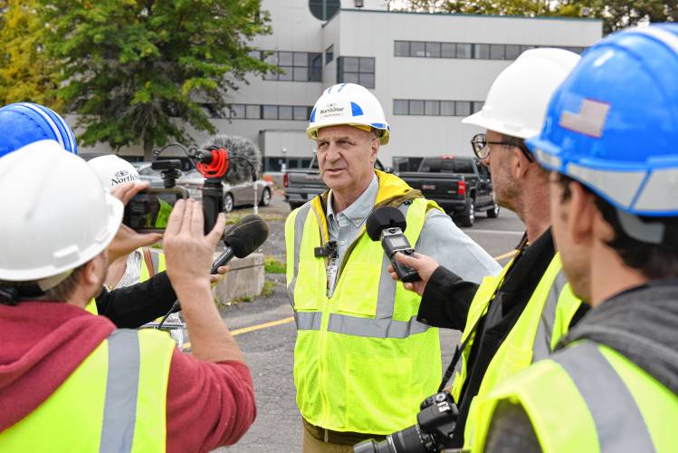 Scott State, CEO of NorthStar, talks to reporters outside the former Vermont Yankee nuclear power plant in Vernon, Vermont, on Oct. 10