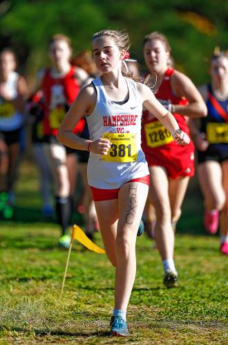 Hampshire Regional’s Kathleen Barry runs to a 5th place finish with a time of 20:41.42 during the MIAA Division 3 girls cross country state qualifier at Northfield Mountain on Saturday. 