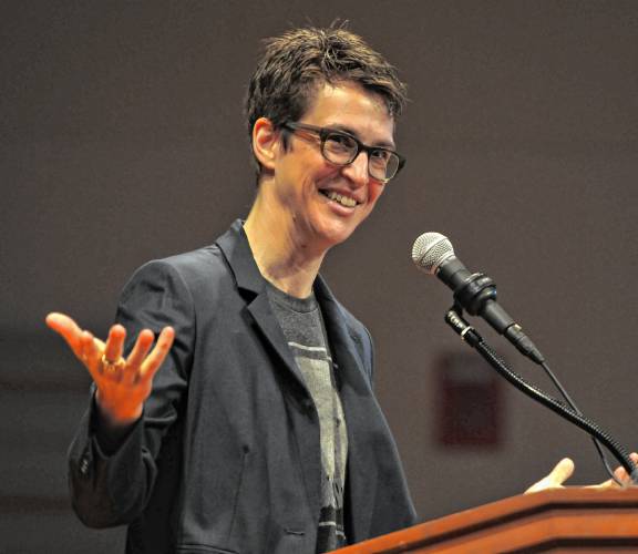Rachel Maddow, seen here at Smith College, has written a new book, “Prequel,” about fascism.