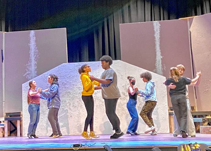Pioneer Valley Performing Arts Charter Public School Theater Department students rehearse a scene of their upcoming show, “Natasha, Pierre and the Great Comet of 1812,” by Dave Malloy. The show will run Feb. 2-4.