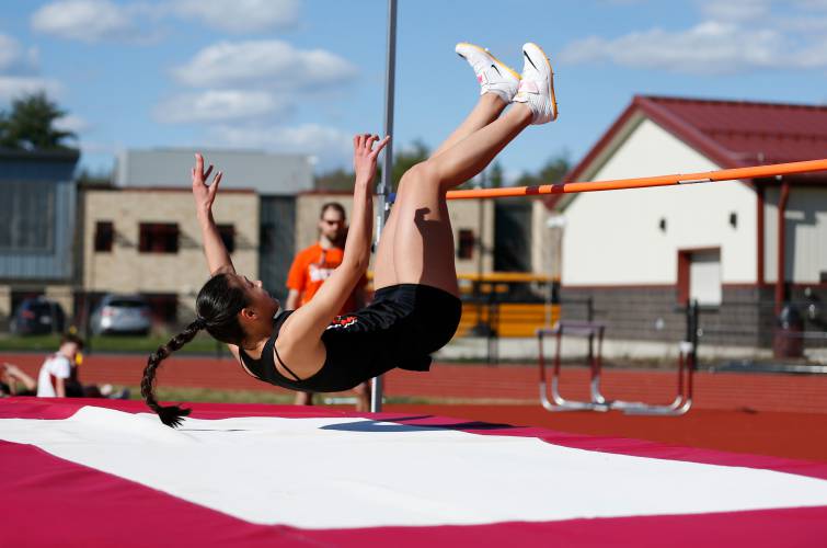 Belchertown’s Cameron Ting competes in the high jump Tuesday during their meet against Easthampton at Mountain View School in Easthampton.