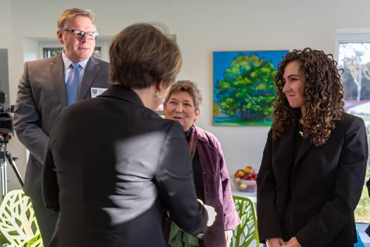 Gov. Maura Healey meets with Amherst Town Manager Paul Bockelman, Town Council President Lynn Griesemer and Town Council Vice President Ana Devlin Gauthier during a visit on Nov. 1 to the East Gables affordable housing complex at 132 Northampton Road.