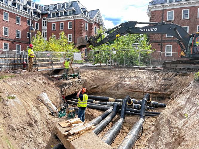 Some the pipes being laid across Smith College’s campus as part of the school’s geothermal project, an ambitious project to help the school meet its goals of carbon neutrality by 2030. 