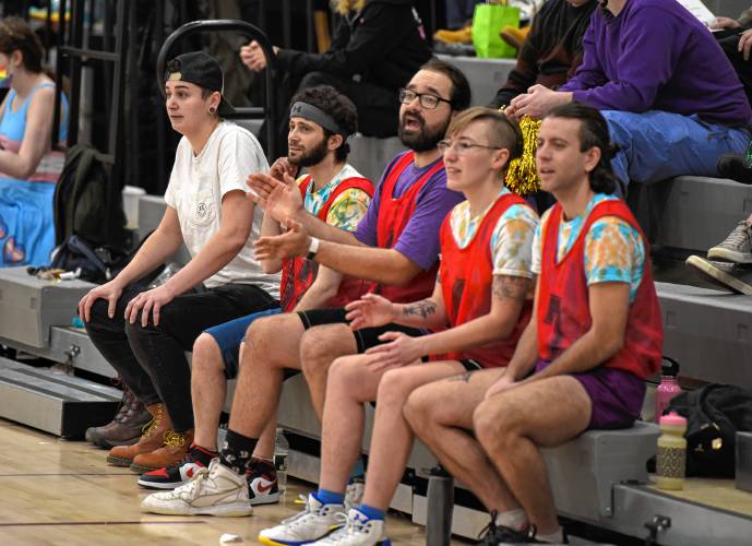 The Fireballers (from left: Sam Barnes, Allen Riccio, Chris Blake, Jo Kalucki, and Liam Cregan) cheer on teammates against the Fighting Artichokes during the championship game of the inaugural Division Q season earlier this month at Mountain View School in Easthampton.
